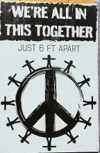 Peace sign styled as a globe with people encircling it; caption, &quot;we&#039;re in this together, just 6 feet apart&quot;