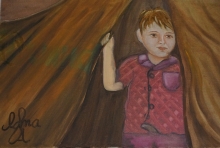 Wistful child in tent doorway, by Lamia